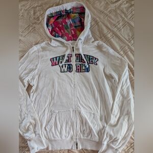 Walt Disney World White Zip Hoodie, Large, Colorful Lined Hood w/Mickey